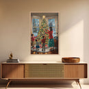 Retro Family Decorating Christmas Tree in Living Room, Classic Christmas Decor Scene, Perfect for Holiday Home, Framed Canvas Print