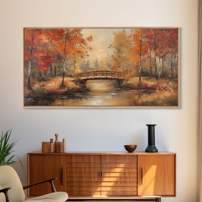 Autumn Bridge Over Quiet River Tall Art Framed Canvas Print Serene Fall Landscape With Colorful Foliage And Peaceful Reflections