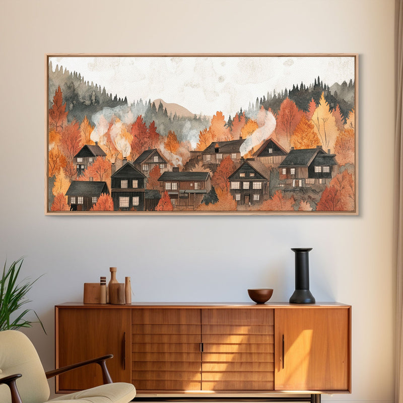 Autumn village decor Framed Canvas Print rustic village with fall trees cozy seasonal wall art gift idea moody landscape autumn home decor