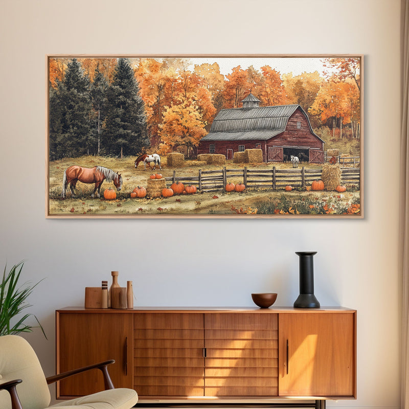 Autumn Barn Pumpkin Horses Canvas Print Farmhouse Fall Decor Seasonal Wall Art Framed Canvas Print Rustic Fall Farmhouse Wall Art