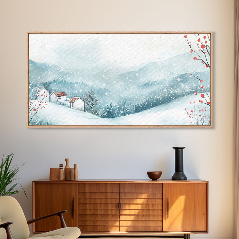 Winter mountain village art, snow-covered landscape, holiday wall art, winter wall decor, cozy winter home decor, framed canvas print