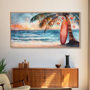 Tropical Palm Tree with Christmas Ornaments at Sunset, Framed Canvas Print, Beach Art, Tropical Christmas Decor, Coastal Holiday Wall Art