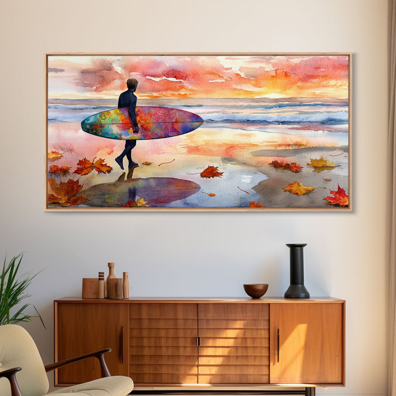 Autumn Surfing Sunset Canvas Print | Fall Surf Art Gift | Seasonal Wall Art Decor | Gift Idea | Beach Decor Fall Theme | Framed Canvas Print