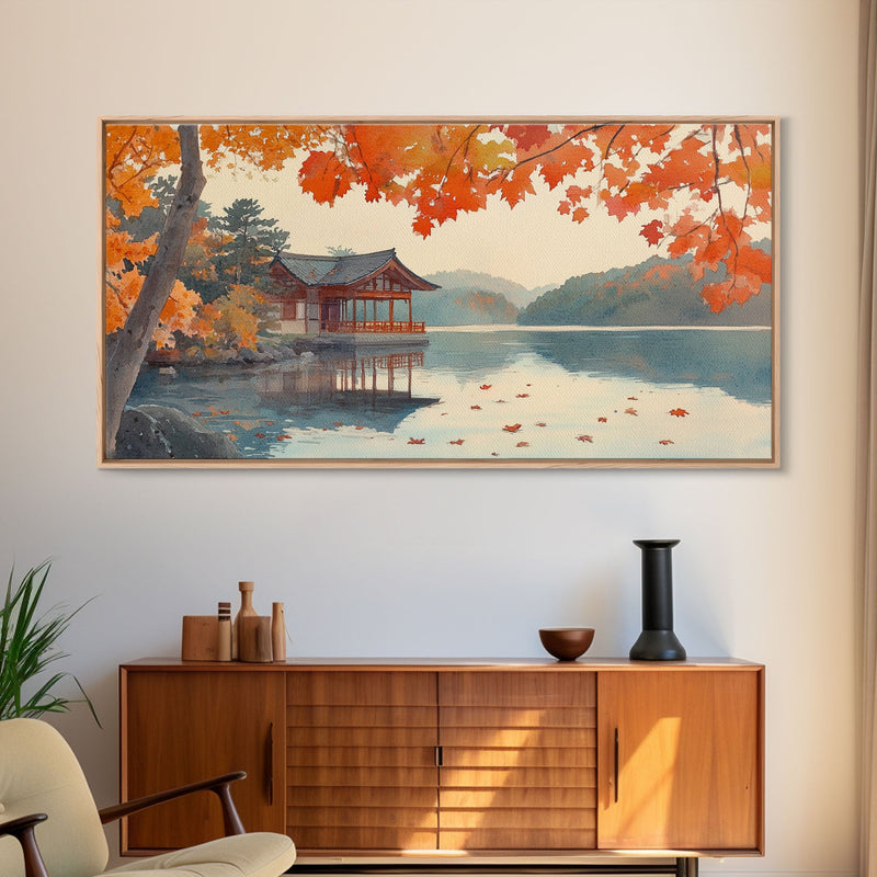 Autumn Japanese Lake House Canvas Print | Fall Wall Art Home Decor | Seasonal Fall Art | Gift Idea | 2024 Autumn Home Wall Art