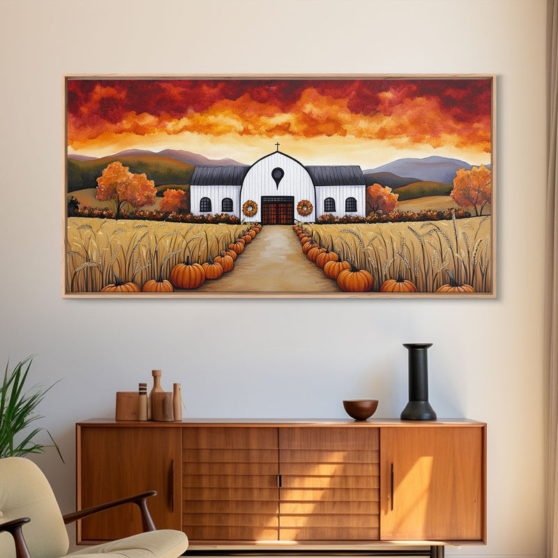 Autumn pumpkin farm with barn, canvas print, fall farmhouse decor, rustic autumn home decor, cozy fall harvest wall art for seasonal display