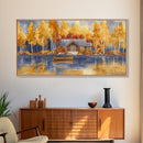 Lakeside cabin in autumn, framed canvas print, cozy fall decor, rustic cabin home decor, fall landscape wall art, perfect autumn gift idea