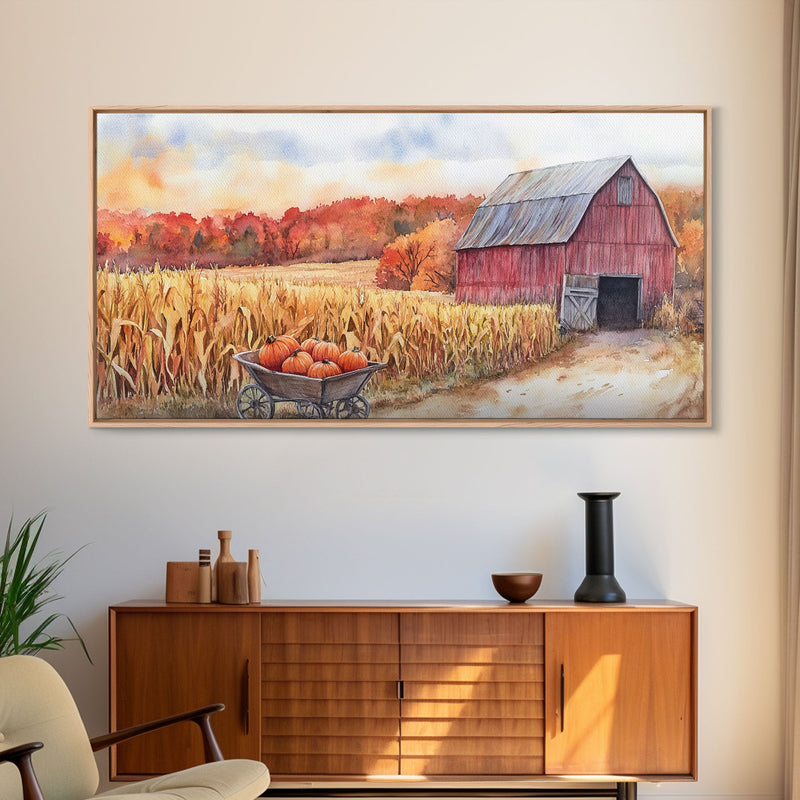 Autumn Barn with Pumpkins in Wheelbarrow, Farmhouse Fall Decor, Framed Canvas Print, Seasonal Wall Art, Country Home Decor, Gift Idea