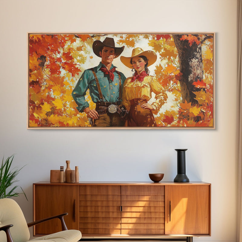 Autumn Cowboy In Forest Framed Canvas Print Western Cowboy Wall Art Fall Cowboy Gift Rustic Wall Decor Moody Landscape Above Sofa