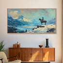 Smiling cowgirl in snow with autumn trees, Framed Canvas Print, rustic wall art winter autumn, tall art piece farmhouse country decor