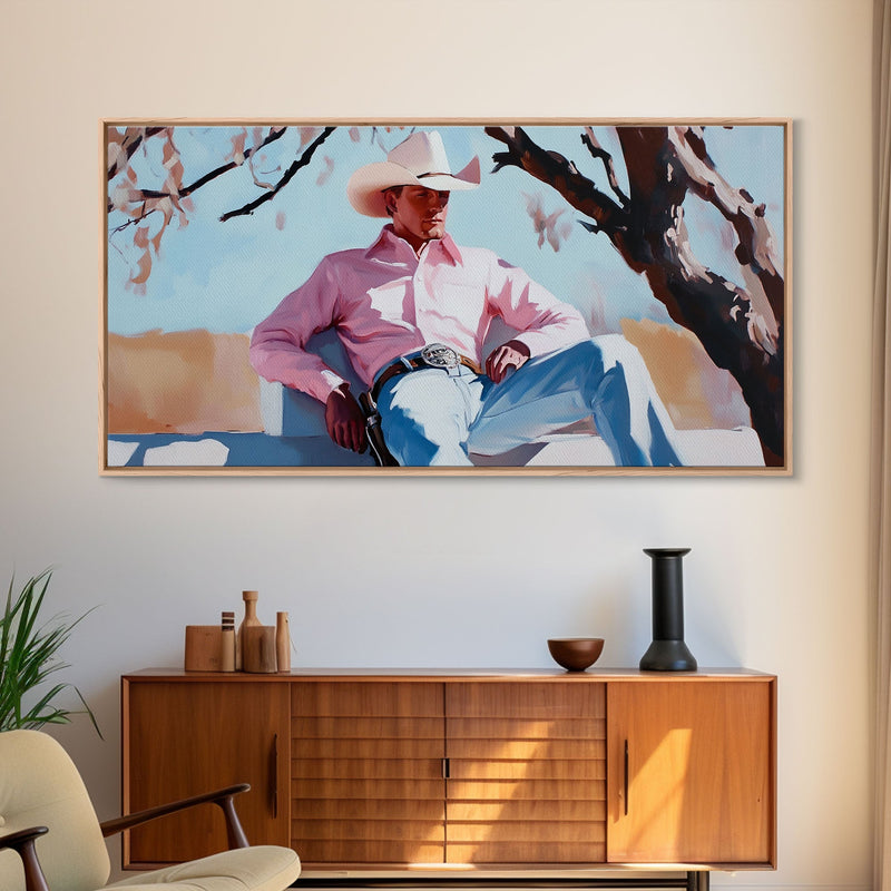 Autumn-themed portrait Framed Canvas Print of a woman in a cowboy hat holding a cup of coffee, surrounded by fall leaves, cozy fall decor