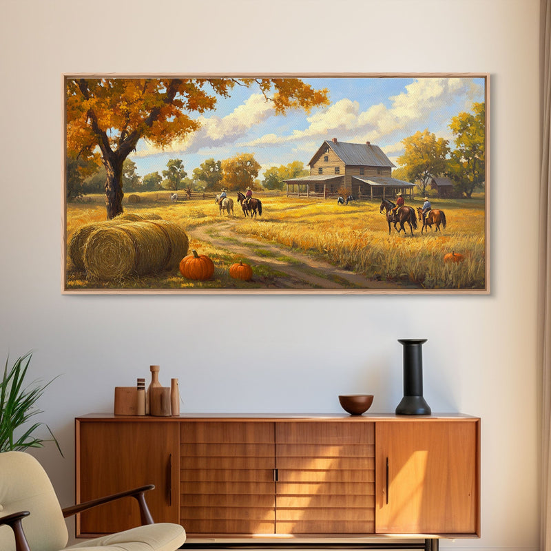 Autumn Ranch Framed Canvas Print Pumpkin Patch Rustic Art Country Home Decor Large Fall Wall Art Farmhouse Style Thanksgiving Decor