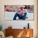 Fall harvest Framed Canvas Print featuring a cowgirl sitting among pumpkins in a rustic setting, farmhouse autumn decor and wall art