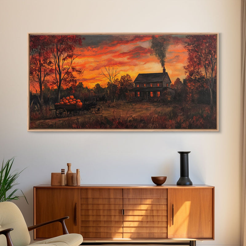 Autumn Sunset With Pumpkins And Horse Wagon, Cozy Fall Landscape Wall Art, Rustic Country Framed Canvas Print, Warm Autumn Home Decor