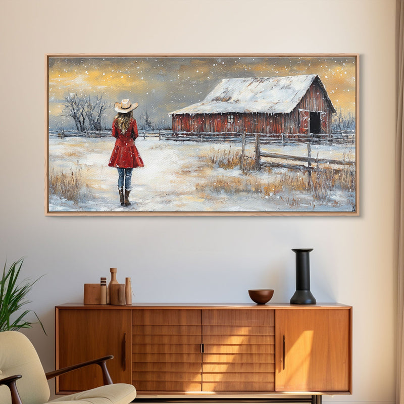 Barn Painting Framed Canvas Print, Cowgirl and her Barn, Rustic Farmhouse Decor, Winter Painting, Winter Wonderland, Farmhouse Wall Art