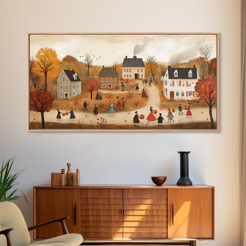 Autumn Harvest Village Scene Framed Canvas Print - Cozy Fall Decor and Seasonal Wall Art with Country Charm and Autumn Ambiance