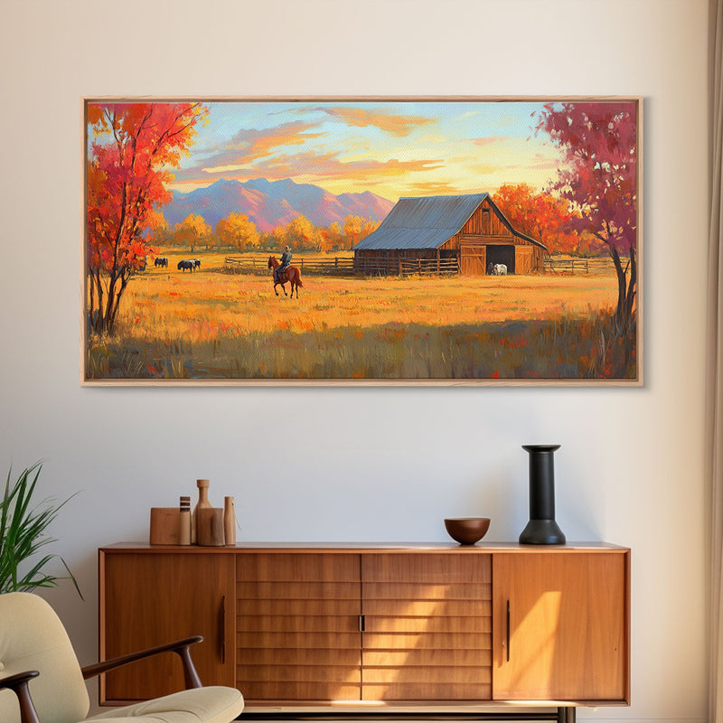 Autumn Cowboy Farm Framed Canvas Print, Cozy Fall Farmhouse Wall Art, Country Western Landscape Decor, Best Gift Seasonal Wall Art