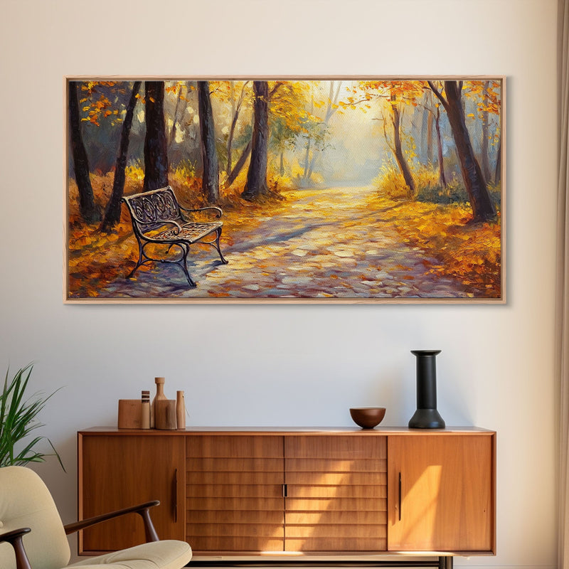 Autumn Path Bench Framed Canvas Print, Serene Fall Landscape Wall Art, Cozy Farmhouse Decor, Seasonal Wall Art Gift Idea