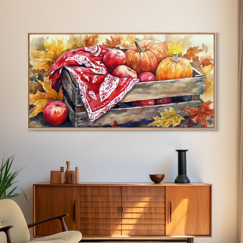 Basket With Pumpkins And Apples Framed Canvas Print Tall Art Rustic Fall Decor Thanksgiving Autumn Harvest Home Wall Art Farmhouse Gift Idea