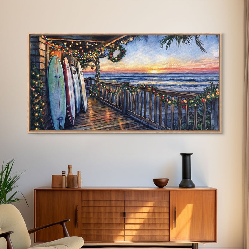 Beachfront porch with surfboards and Christmas lights, Framed Canvas Print with wreaths festive lights, coastal holiday wall art and decor