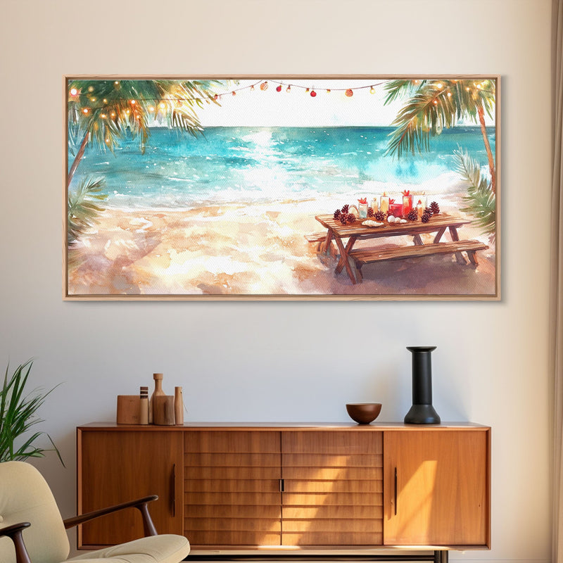 Beach Christmas decor picnic setup with palm trees and lights, framed canvas print showcasing tropical coastal holiday art decor