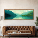 Jade Green Landscape Painting Print, Panoramic Lake Painting, Minimalist and Muted Home Decor, Emerald Green Landscape Art