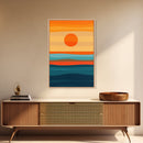 Sunset Over The Ocean Minimalist Print, Vertical Sea Sun Framed Canvas, Waves Line Art, Blue and Orange Sunset Beach House Painting