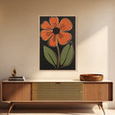 Mid Century Modern Floral Print, Orange Flower on Black Background, Framed Canvas Print