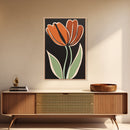 Orange Tulip  with Black Background, Framed Canvas Print, Cute Floral Print, Botanical Minimalist Home Decor