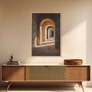 Sunlight Peaks Through the Pillars, Framed Canvas Print, Moroccan Style Wall Art, Moroccan Painting, Paint of Morocco