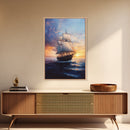 Pirateship at Dawn, Framed Canvas Print, Pirate Art