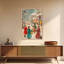 Winter Wall Art Christmas Canvas Print - 1950s Style Post Card Art - Christmas Decor - Christmas Shoppers In The Streets - Christmas Village Art