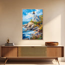 Lighthouse in Maine Framed Canvas Print, Maine Oil Painting, Coastoal Home Decor, Nautical Wall Art, Light House Oil Painting