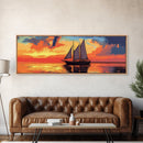 Pirate Ship at Sunset Framed Canvas Print - Panoramic Wall Art - Sailboat Painting - Sail Boat Art - Nautical Decor - Lake House Art