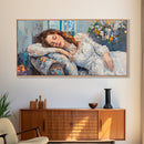 Decadent Young Woman Inspired Wall Art, Framed Canvas Print, Victorian Oil Painting Of a Woman Taking a Nap, Cute Bedroom Decor