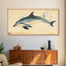 Retro Minimalist Dolphin Painting, Dolphin Home Decor, Framed Canvas Print, Nautical Decor, Elegan Japanese Style Artwork, Wabi Sabi Art