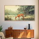 Deer Drinking Water in Forest Painting Print, Deer Painting, Cabin Decor, Cabin Wall Art, Framed Canvas Print, Nature Lover Gift, Nature Art
