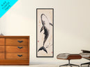 Minimalist Whale Ink Art Depicting Graceful Humpback Whale – Elegant Black and White Framed Canvas Print for Nautical or Coastal Decor