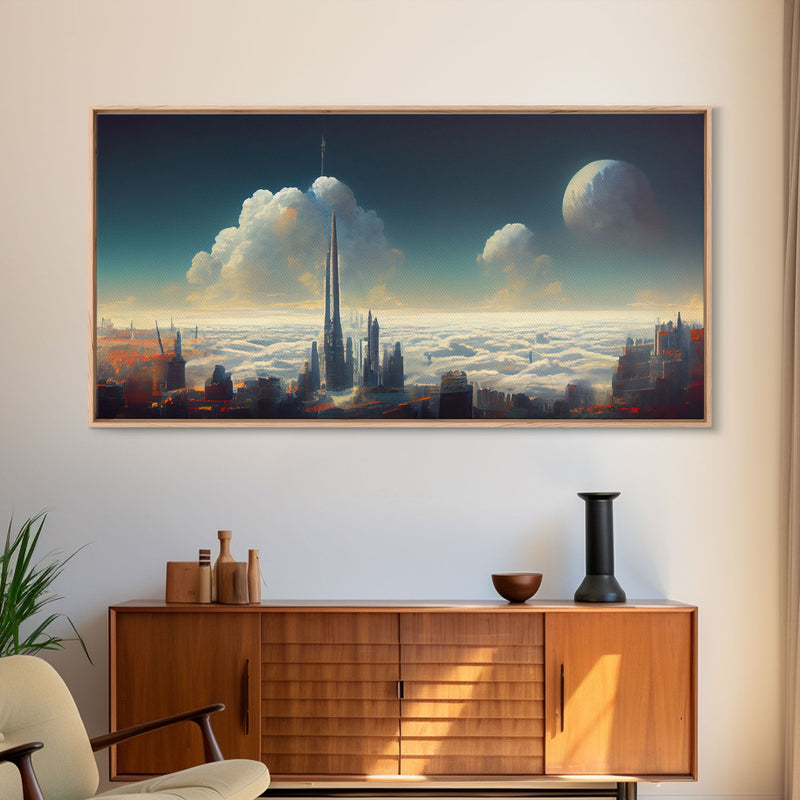 View From Above The Clouds, Cyberpunk City, Futuristic Abstract, ready to hang canvas print wall art, framed canvas wall art