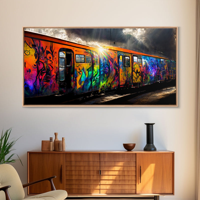 Box car graffiti art, wall decor, train box car, ready to hang canvas print wall art, rainbow train wall art