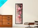 Lantern Glow Canvas Print, whimsical Moroccan wall art with light pink tones and floral accents, tall skinny vertical wall art piece.