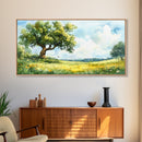 Sunny Meadow Elegance Canvas Print Featuring Oak Tree Art and Wildflower Painting Rustic Decor for Living Room Wall Art