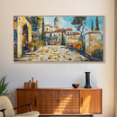 Mediterranean Village Mosaic Framed Canvas Print - Vibrant Coastal Landscape Art - Nautical Decor Living Room Rustic Wall Art