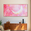 Crescent Moon and Stars Design in Pink Wall Art Style on Framed Canvas Print, Nursery or Bedroom Light Pink Whimsical Art