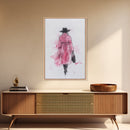 Woman in Coat Framed Canvas Print Light Pink Wall Art Moody Minimalist Fashion Illustration Rustic Aesthetic Unique Gift Idea
