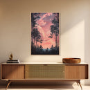 Starry forest scene painting on framed canvas print, forest at dusk painting, smoky mountain art, wabi sabi art, above couch decor