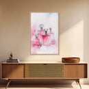 Elegant Pink Perfume Bottles Framed Canvas Print, Feminine Bathroom Art Light Pink Decor, Whimsical Gift Idea for Her Room