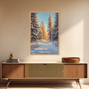 Winter Wonderland Framed Canvas Print, Snowy Forest Landscape Painting with Pine Tree Art, Cozy Rustic Wall Decor