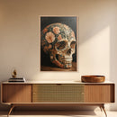 Skull Art Framed Canvas Print Featuring Floral Boho Design in Rustic Chinoiserie Style, Gothic Bedroom Art and Halloween Wall Decor