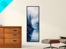 Foggy River, landscape painting, lake Tahoe art, blue and green wall art, pine tree art, zen wall art, Framed Canvas Print, bedroom art