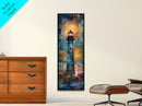 Lighthouse Glow, Moody Seascape, Nautical Painting, Coastal Decor, Sunset Wall Art, Framed Canvas Print, Bedroom Art